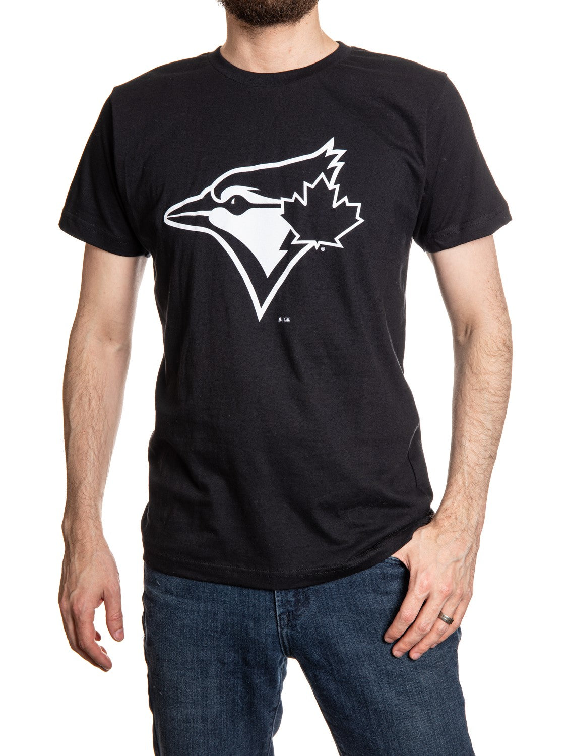 Black graphic t-shirt with white blue jay and maple leaf logo, worn by man in jeans
