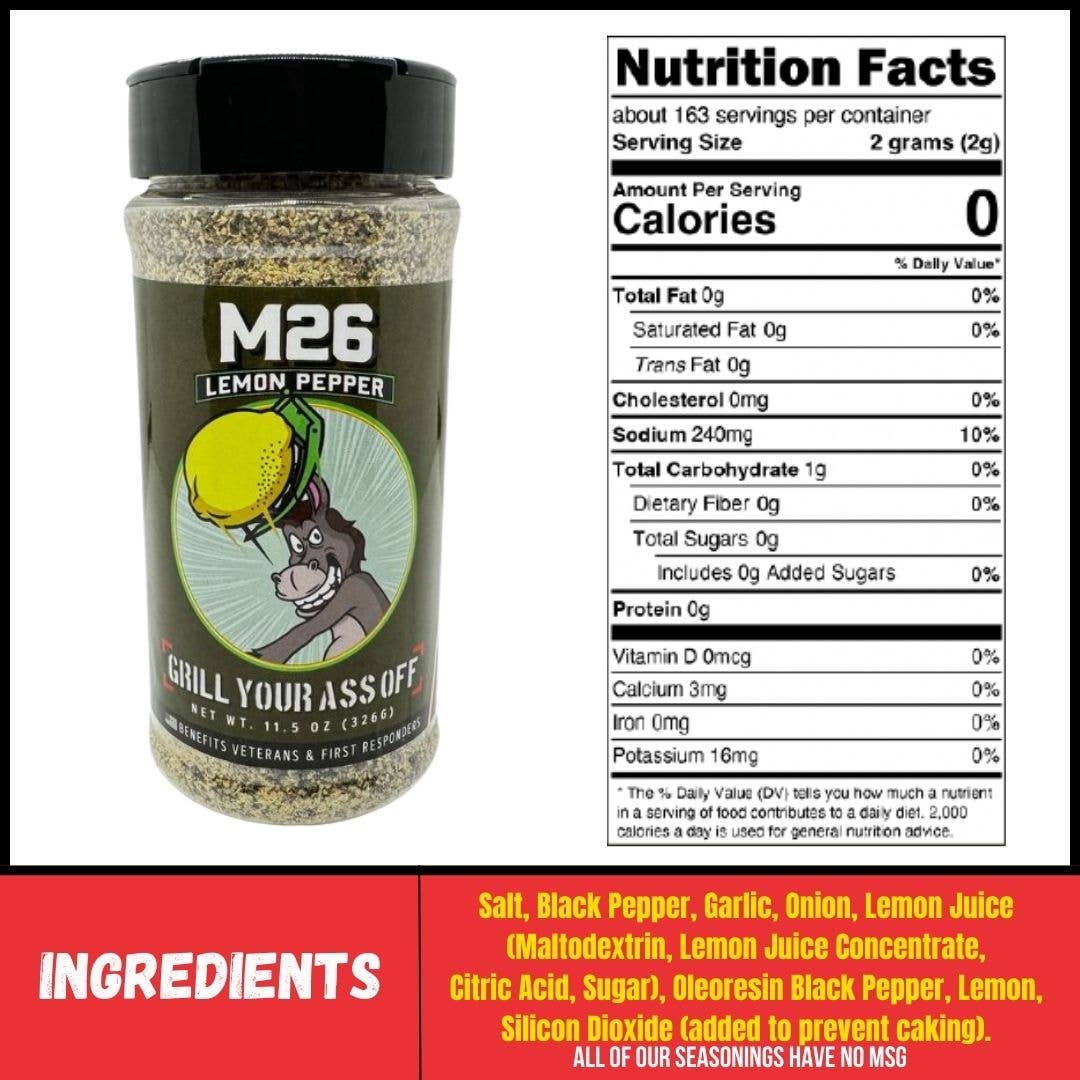 M26 lemon pepper seasoning bottle with label, nutrition facts, and ingredients list for grilling