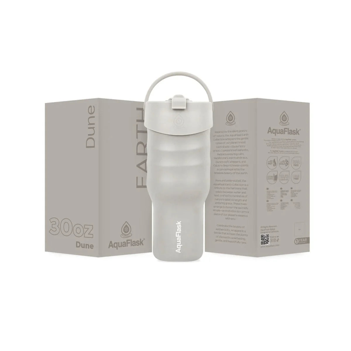 30oz Earth Dune insulated tumbler with handle, shown with packaging, outdoor gear accessory