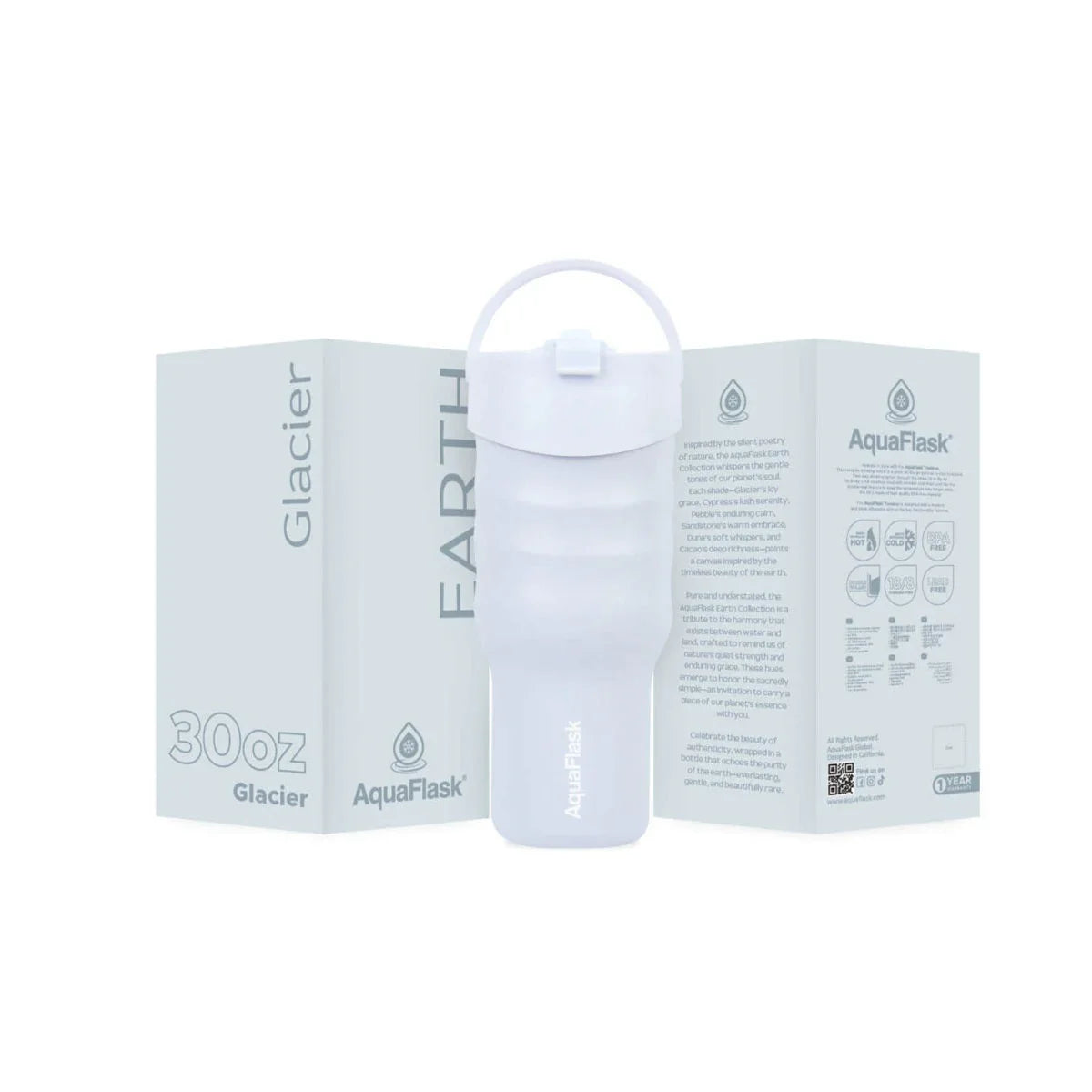 White 30oz insulated tumbler with handle, AquaFlask logo, and Glacier Earth packaging.