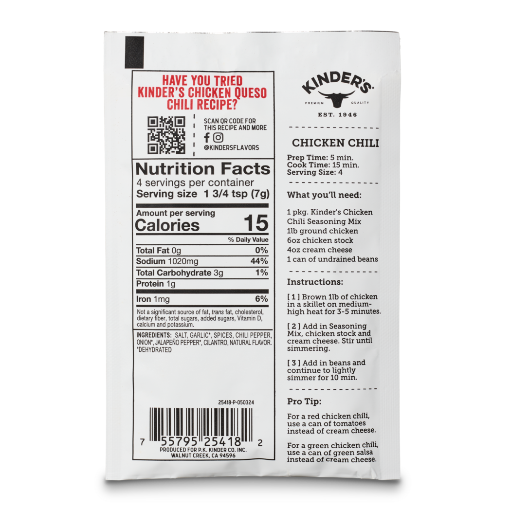 Kinder's Chicken Chili Seasoning Mix nutrition facts, ingredients, and recipe instructions on packet