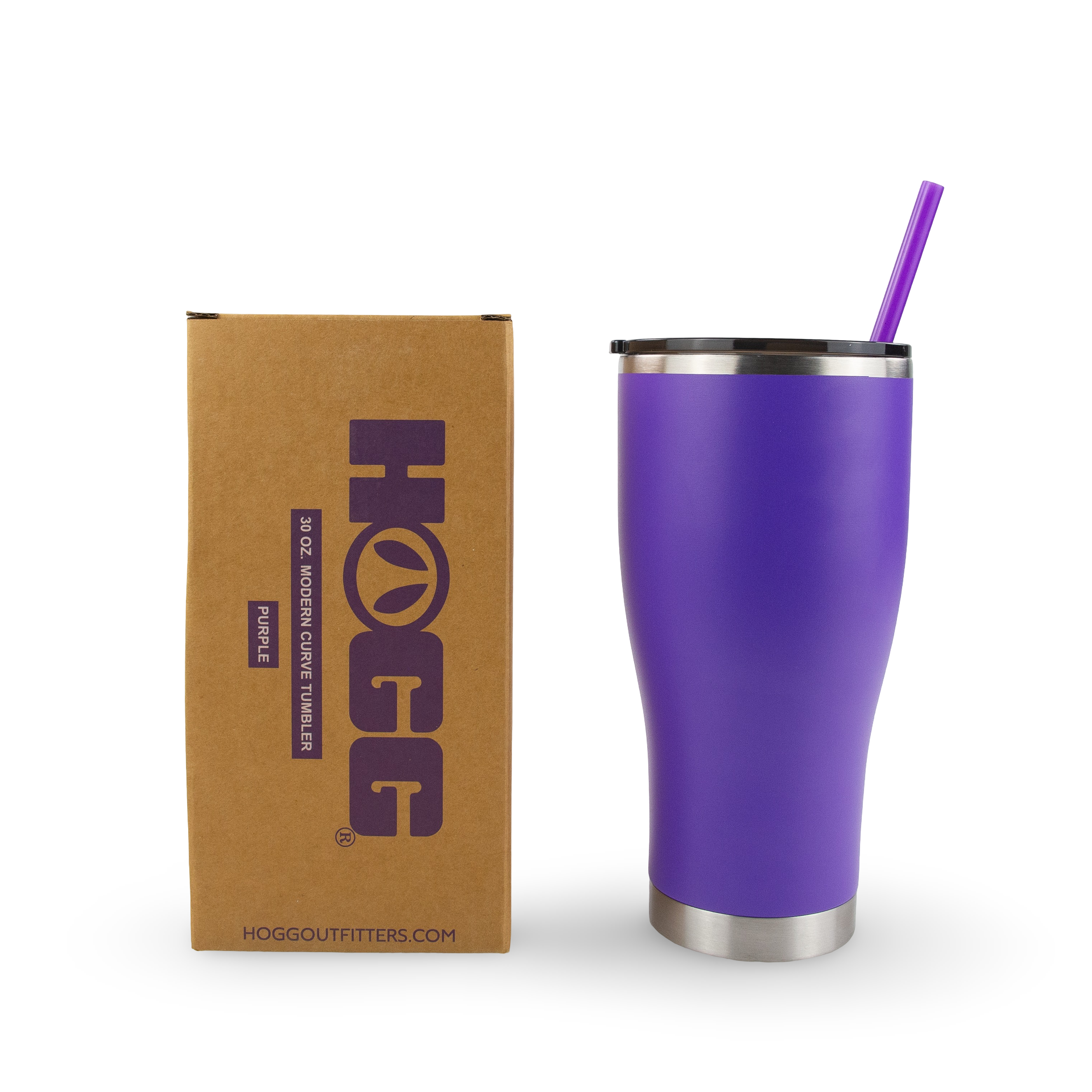 Purple stainless steel tumbler with straw beside branded packaging box