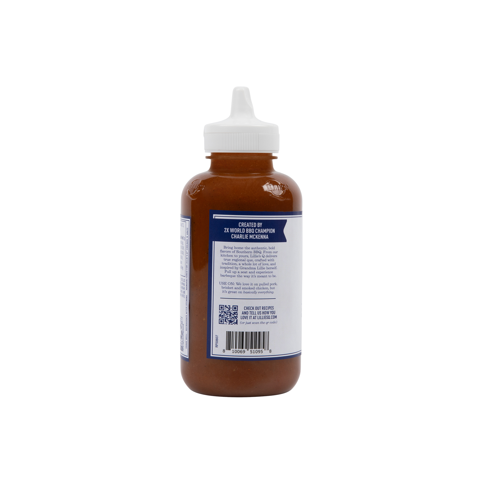 Plastic squeeze bottle of barbecue sauce with white label and nutritional information