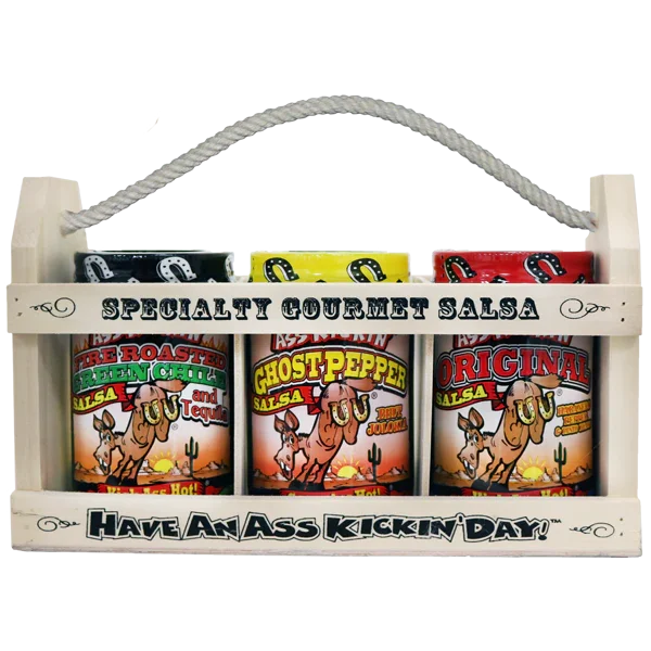 Gift set of specialty gourmet salsa jars in wooden crate with rope handle