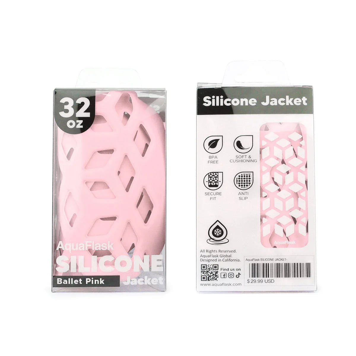 Ballet Pink 32oz silicone jacket with geometric cutout design in retail packaging, front and back view