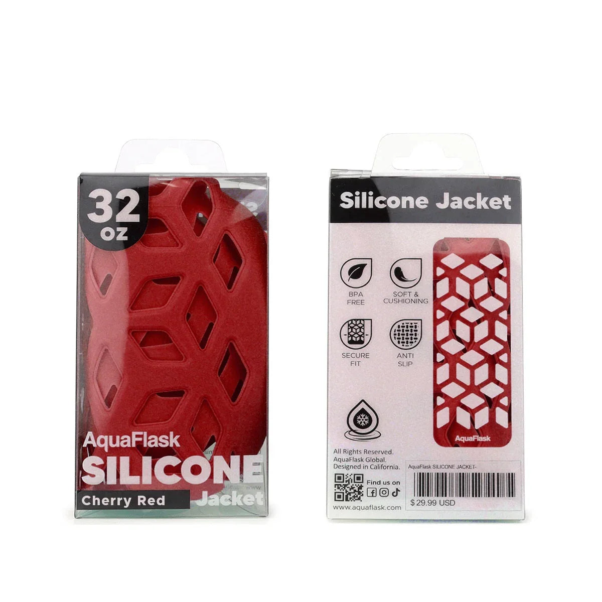 32oz cherry red silicone jacket for bottles, BPA free, anti-slip cover in retail packaging