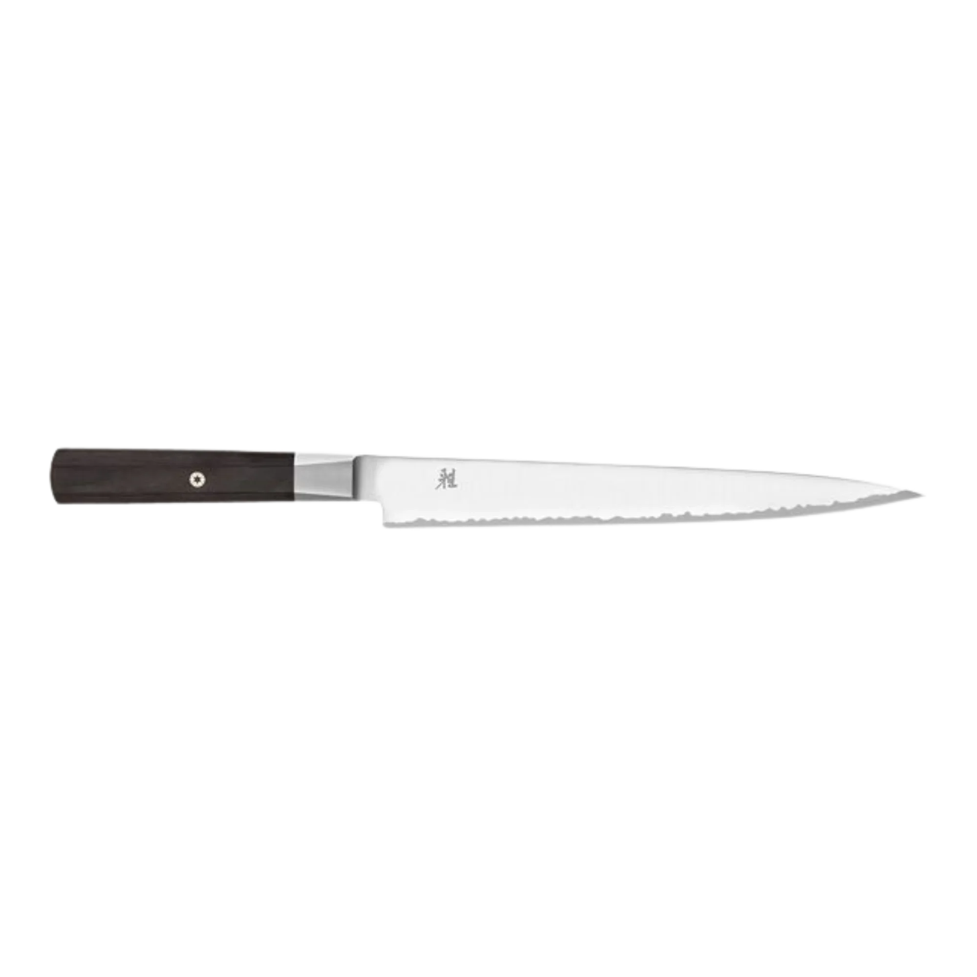 Serrated outdoor utility knife with dark wooden handle and stainless steel blade