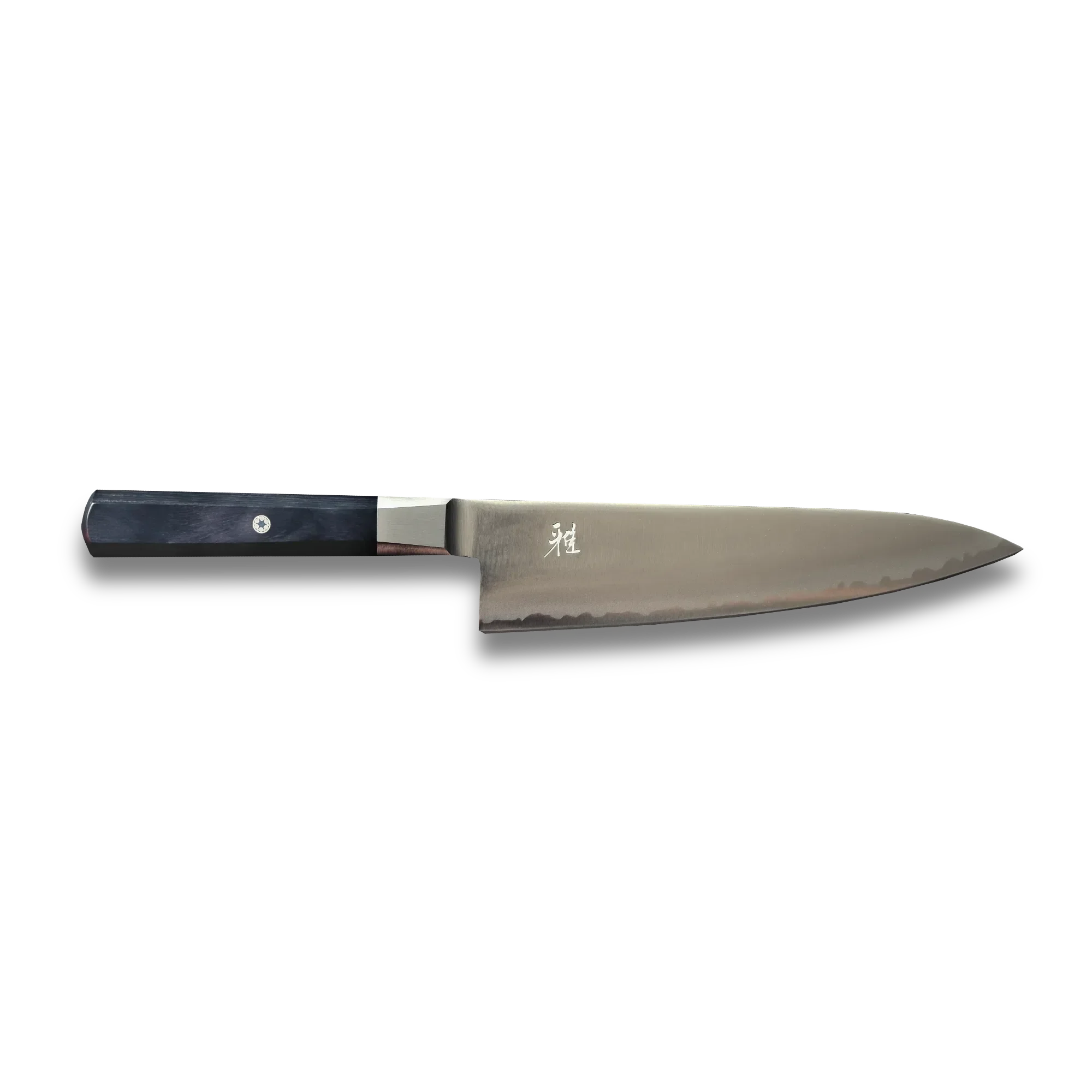 Japanese chef knife with dark wood handle and engraved steel blade on black background