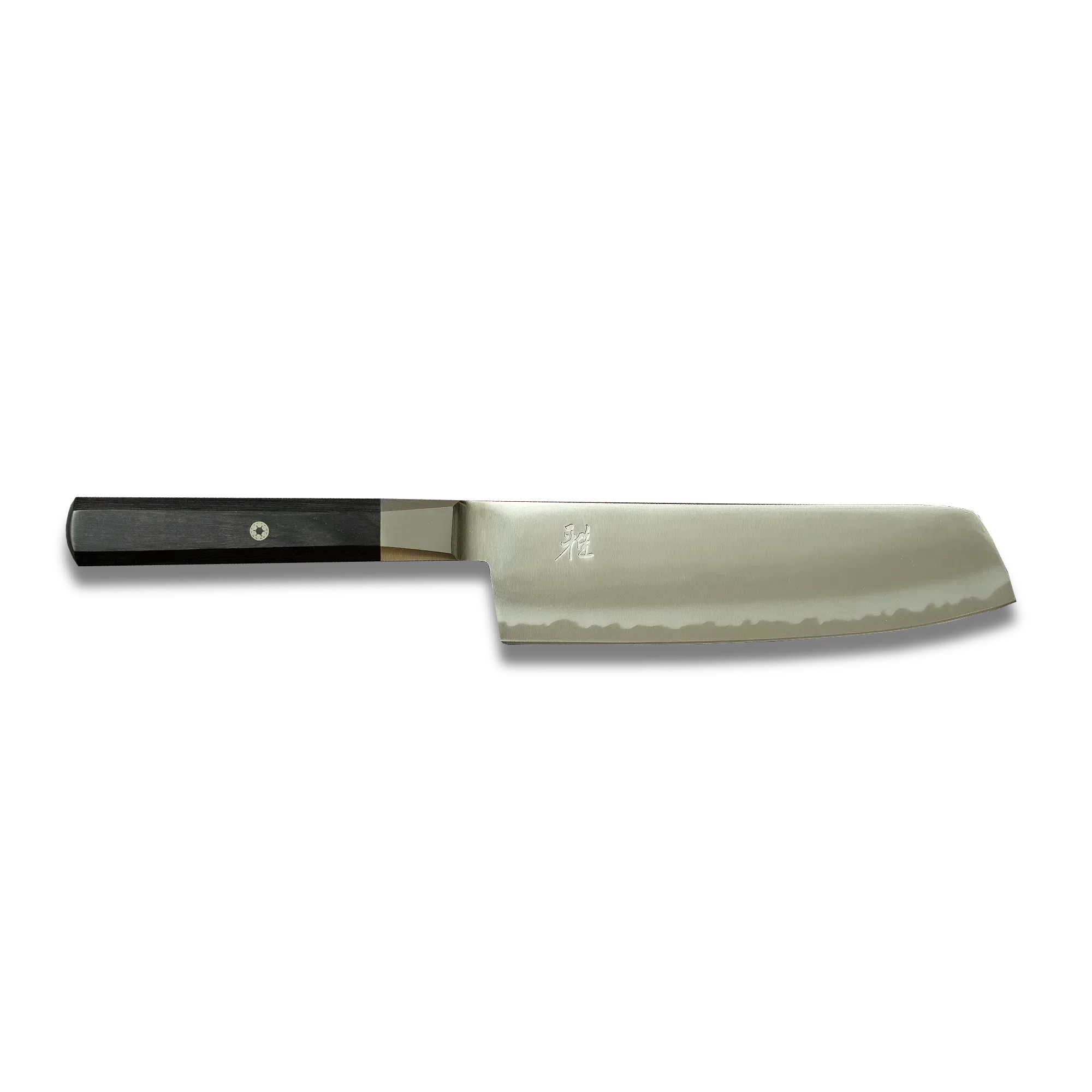 Japanese-style kitchen knife with straight blade and dark wood handle on black background