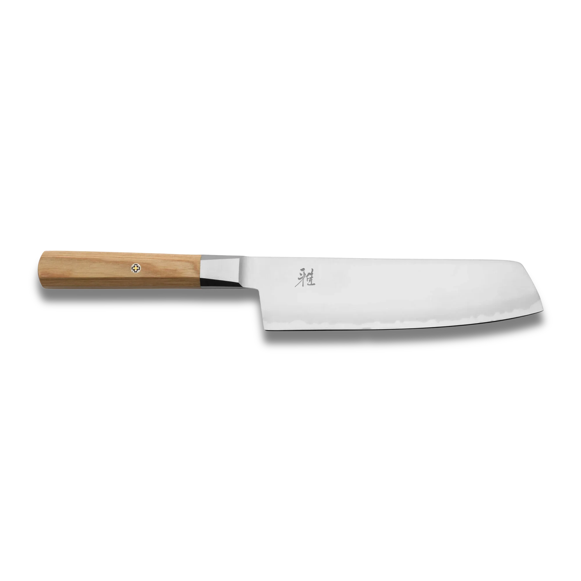Japanese-style nakiri kitchen knife with wood handle and stainless steel blade on black background