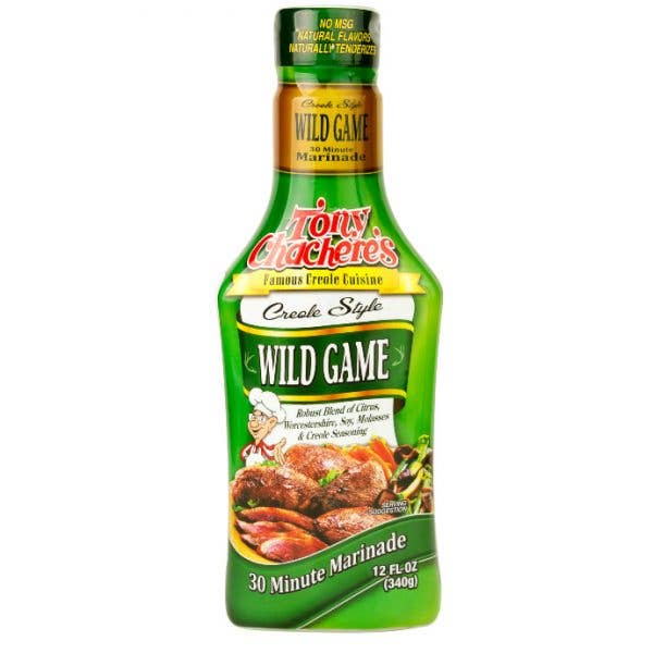 Tony Chachere's Creole Style Wild Game marinade bottle for hunting and outdoor cooking.