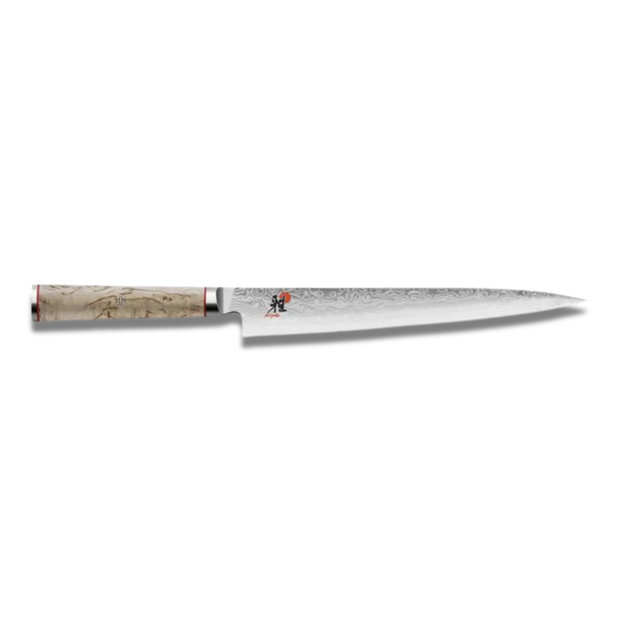 Sujihiki knife with damascus blade and light wood handle on black background