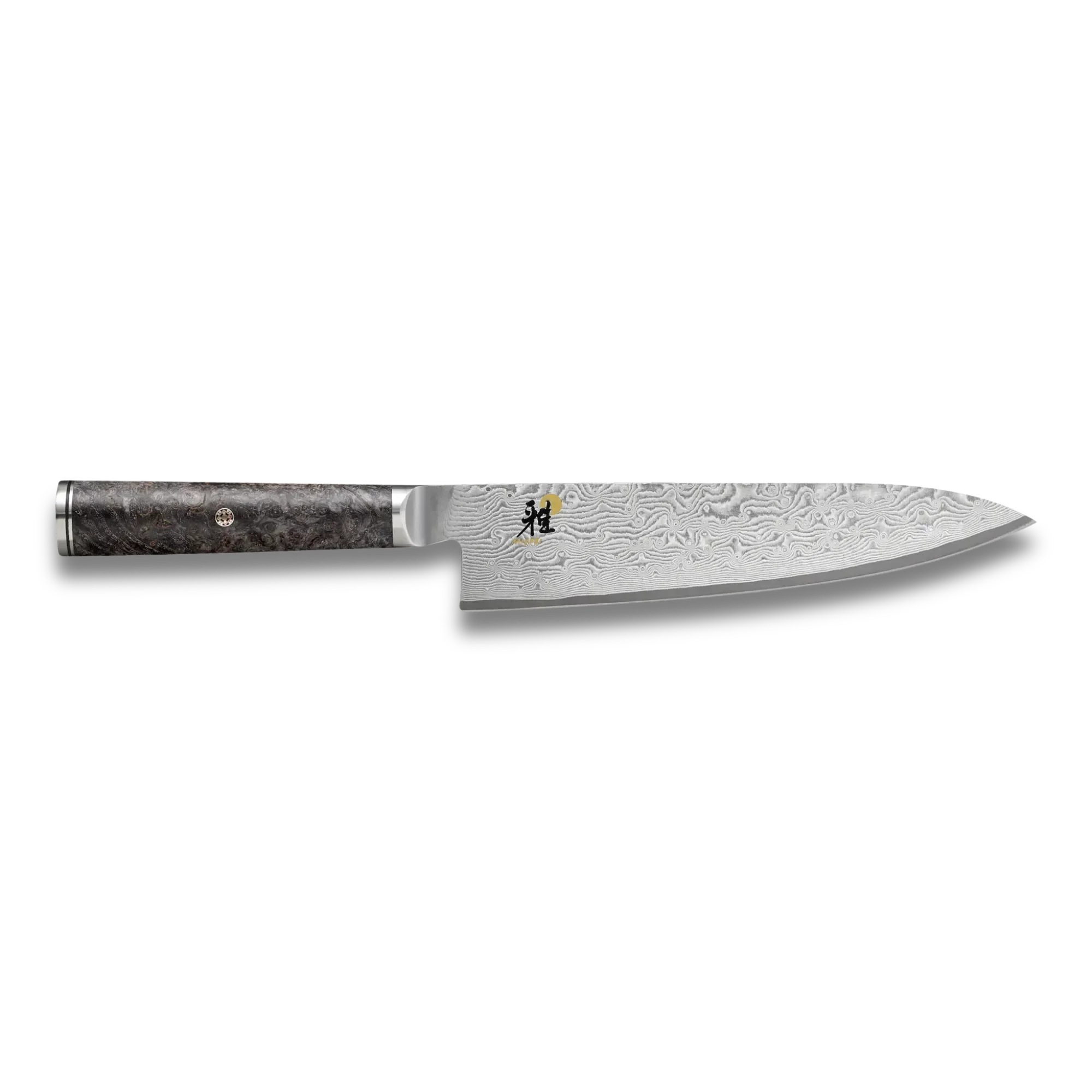 Damascus steel chef knife with patterned blade and dark wood handle on black background
