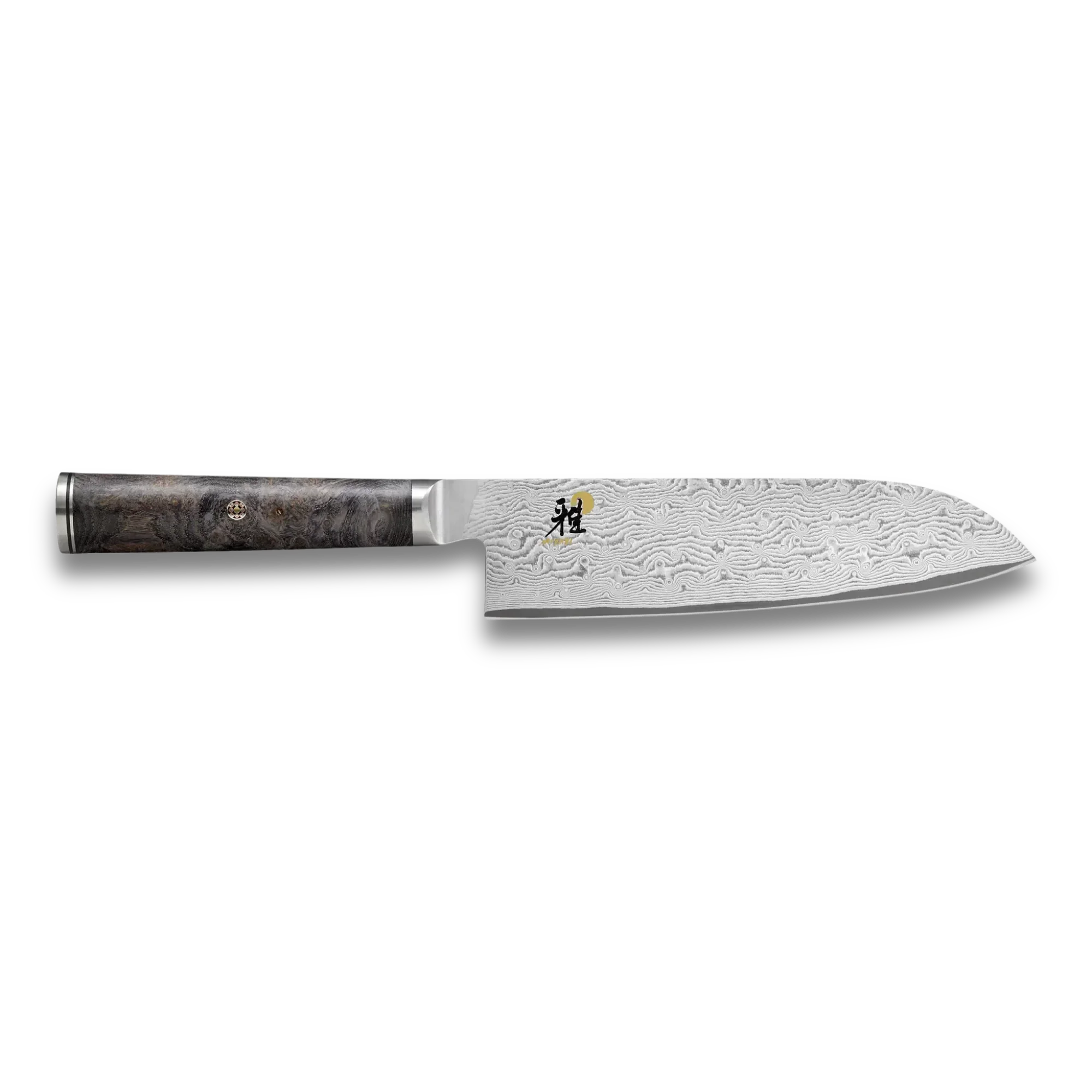 Damascus steel chef knife with patterned blade and dark wooden handle on black background