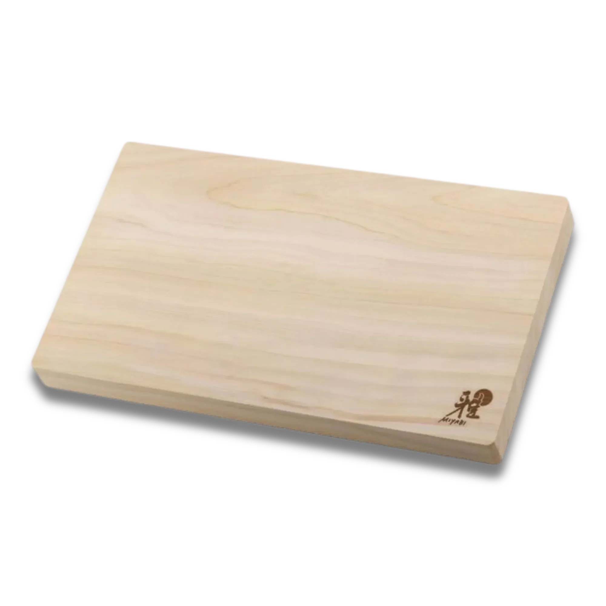 Rectangular wooden cutting board with smooth, light wood grain and engraved corner logo