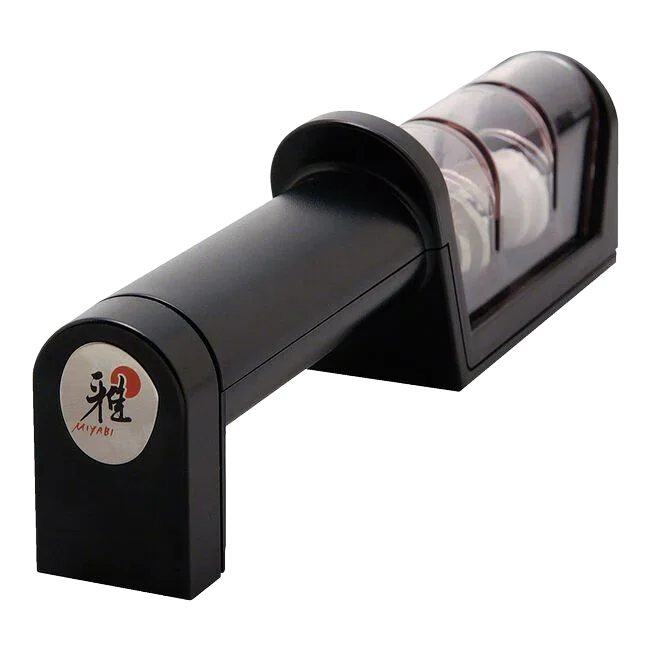 Black handheld knife sharpener with three grinding slots and visible Miyabi logo