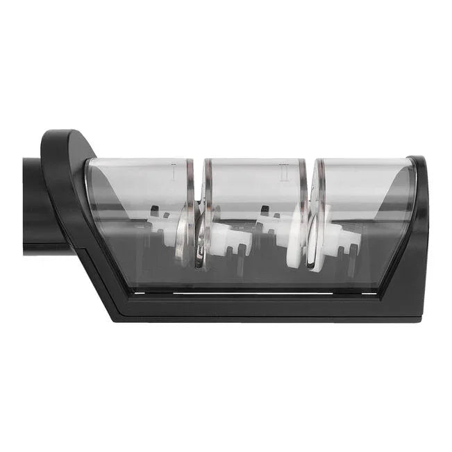 Manual knife sharpener with three sharpening slots, black and clear design