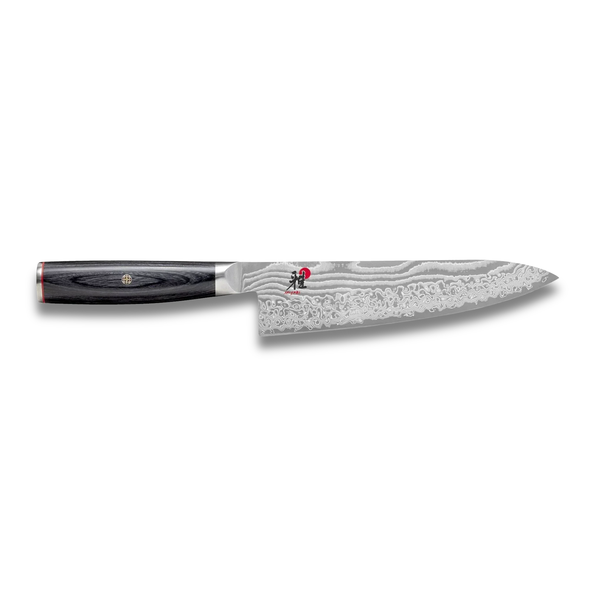 Damascus steel chef knife with black handle, intricate blade pattern on black background