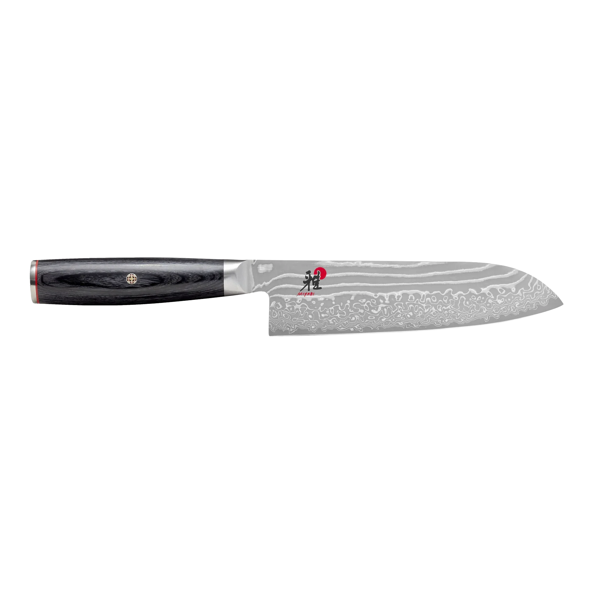 Damascus steel chef knife with patterned blade and dark wood handle on white background