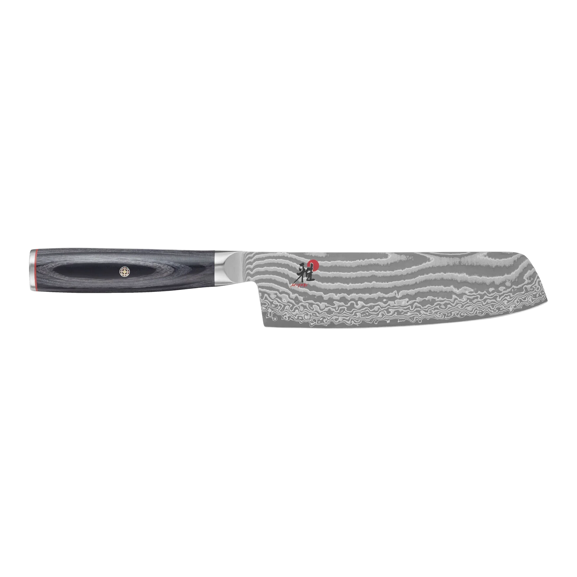 Damascus steel nakiri knife with black ergonomic handle on white background