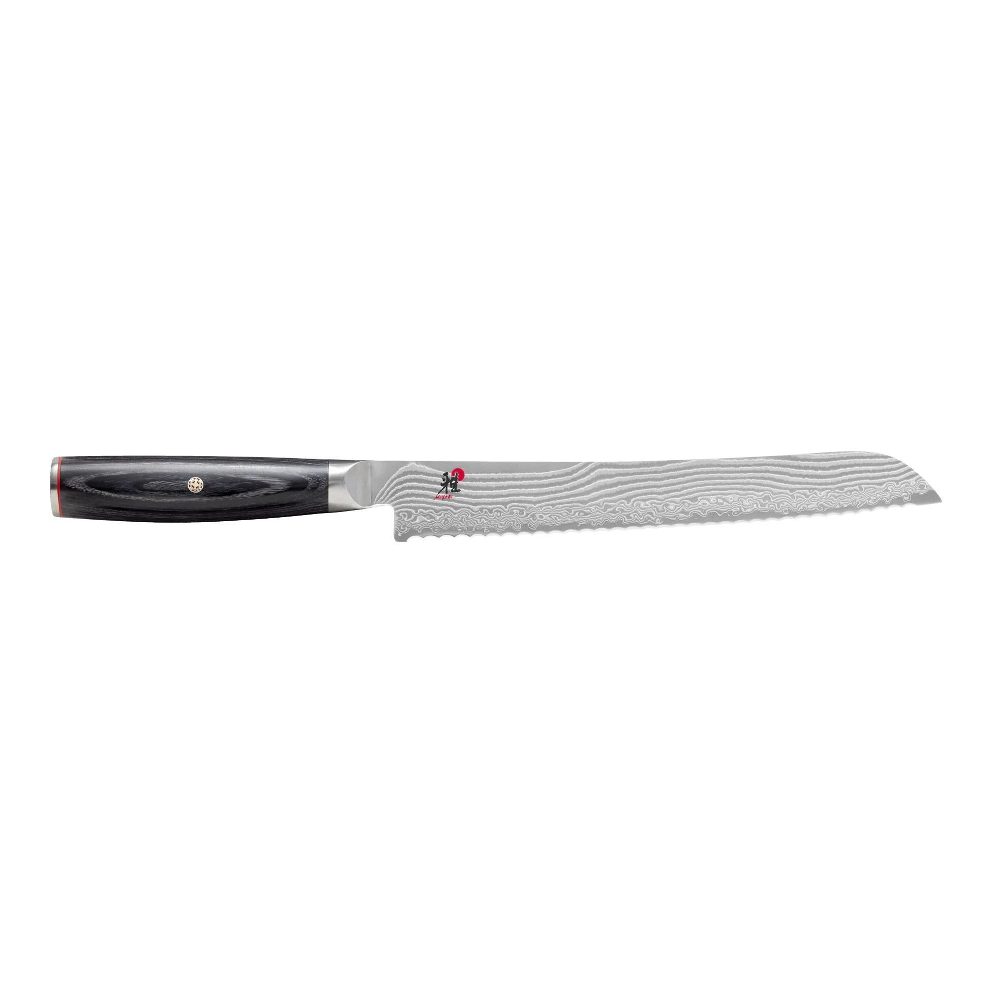 Damascus steel serrated bread knife with black handle, outdoor camping gear