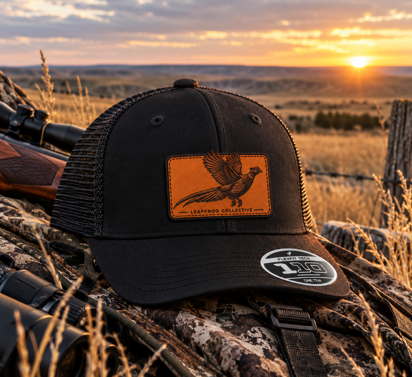 Black Leapfrog Collective Flying Pheasant trucker hat displayed in golden Canadian Prairie grass at sunset