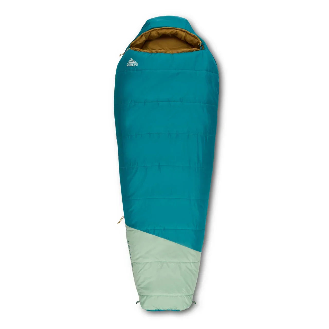 Kids teal blue mummy sleeping bag with hood, outdoor camping gear on white background