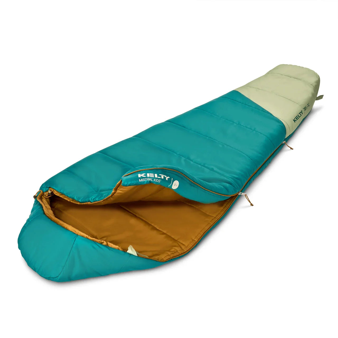 Kelty Mistral Kids 30 Deep Lake teal and tan sleeping bag on white background