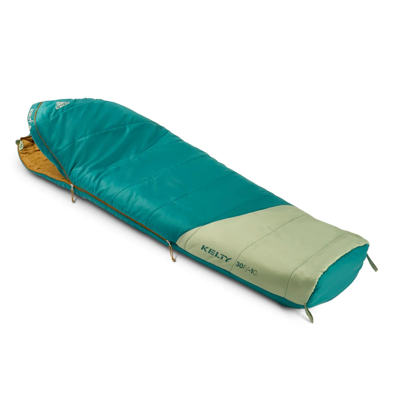 Kelty Mistral Kids 30 teal and green sleeping bag on white background