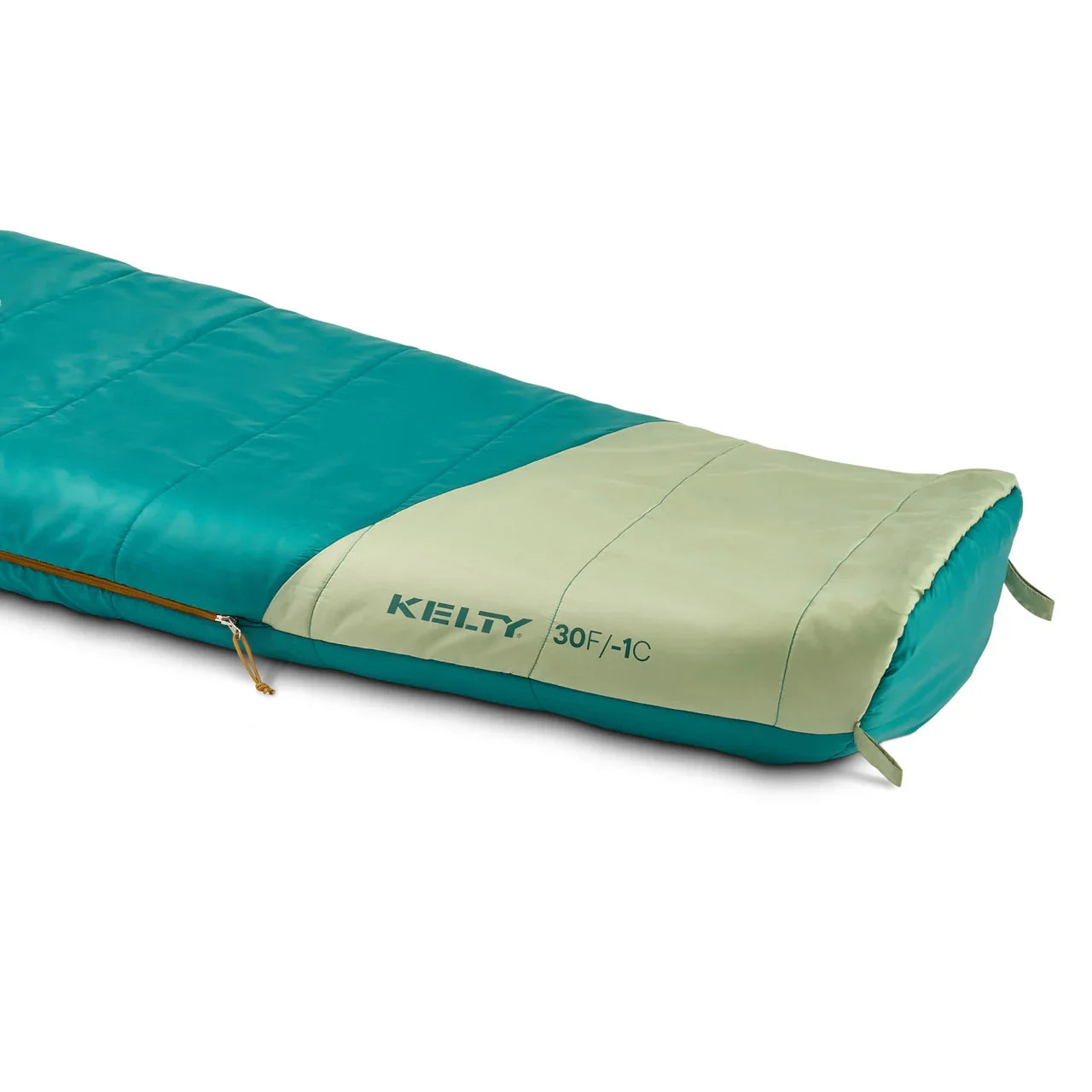 Kelty Mistral Kids 30F sleeping bag in teal and light green on white background