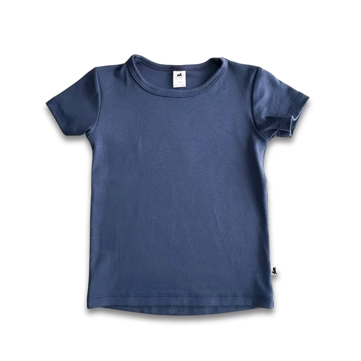 Plain navy blue short sleeve kids t-shirt on a white background