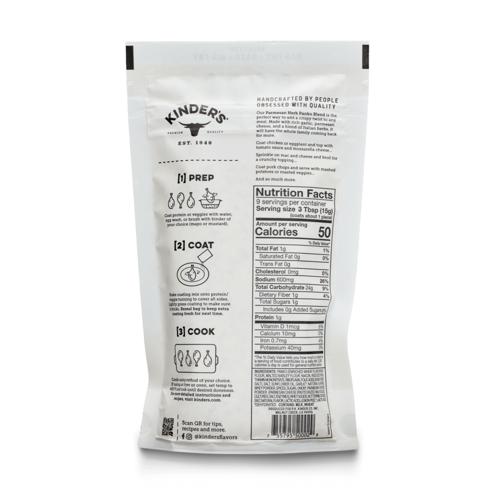Back of Kinders parmesan herb rub mix packaging with prep instructions and nutrition facts