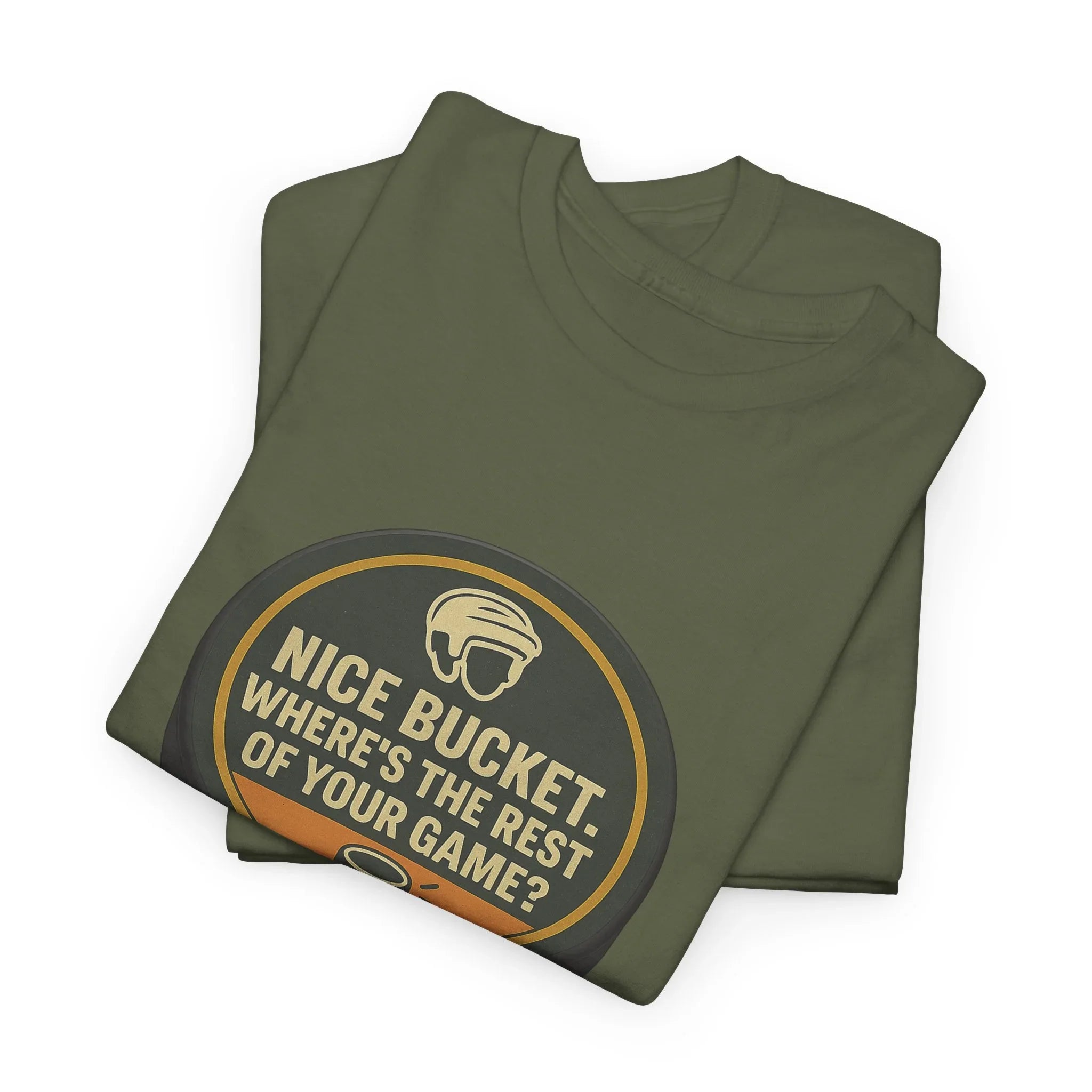 Olive green graphic t-shirt folded, hockey helmet illustration and 'Nice bucket' text design