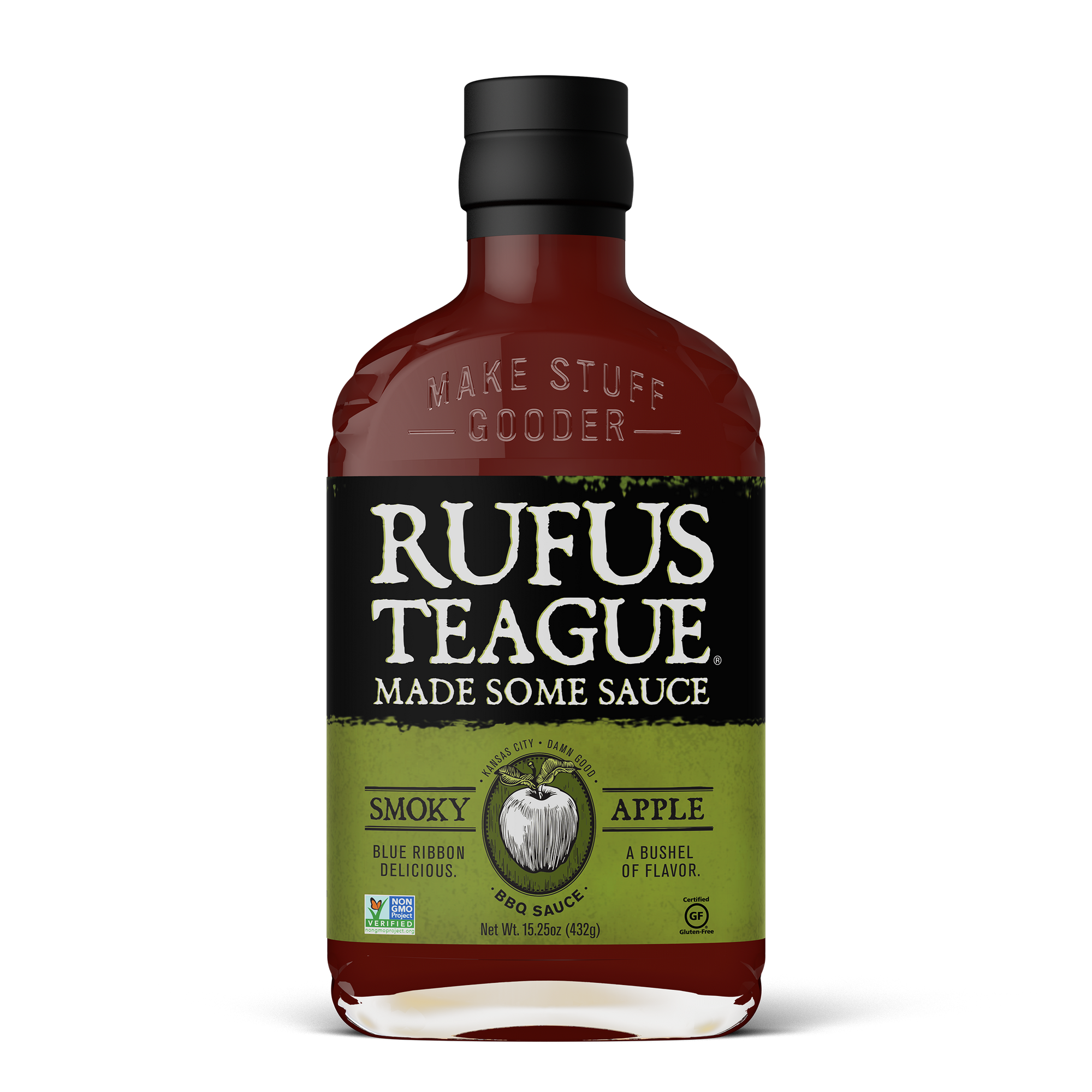 Rufus Teague smoky apple BBQ sauce bottle, gluten-free, non-GMO, 15.25oz
