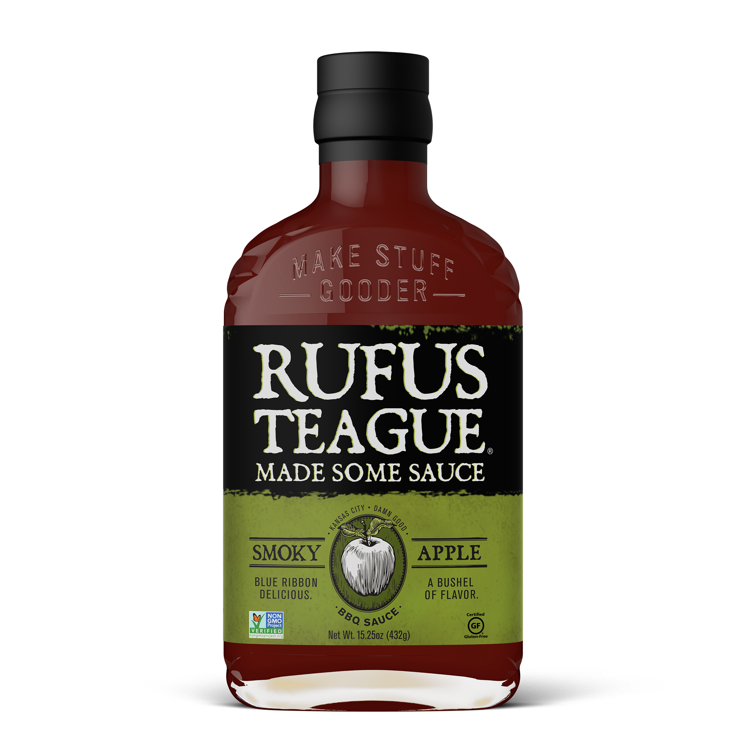 Rufus Teague smoky apple BBQ sauce bottle, gluten-free, non-GMO, 15.25oz