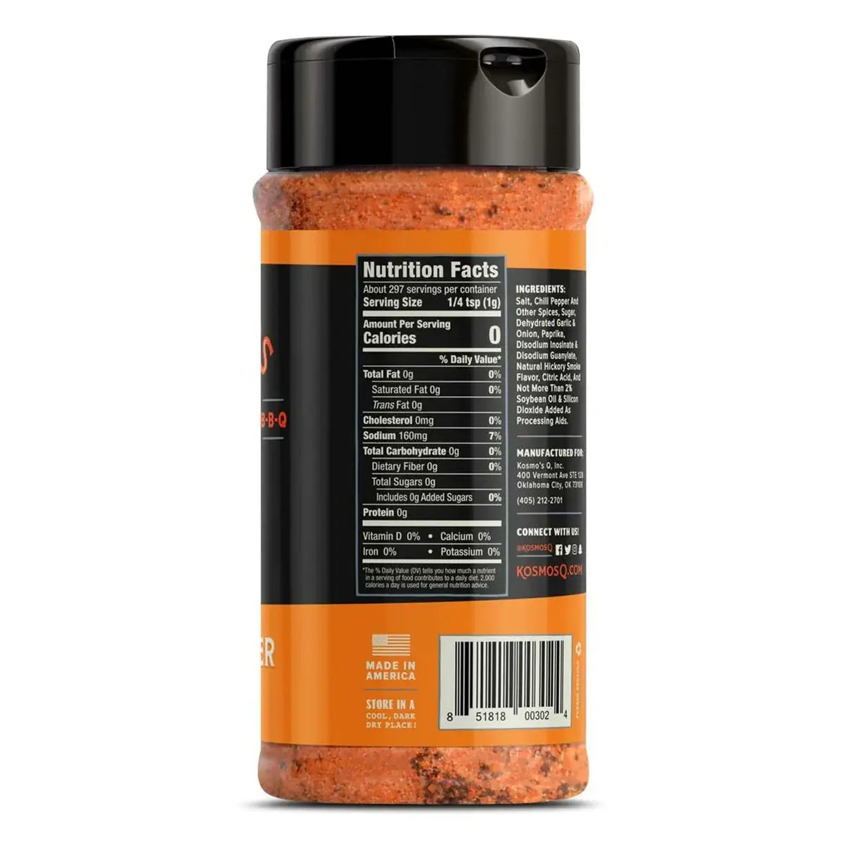 Back of barbecue spice seasoning bottle showing nutrition facts and ingredients label