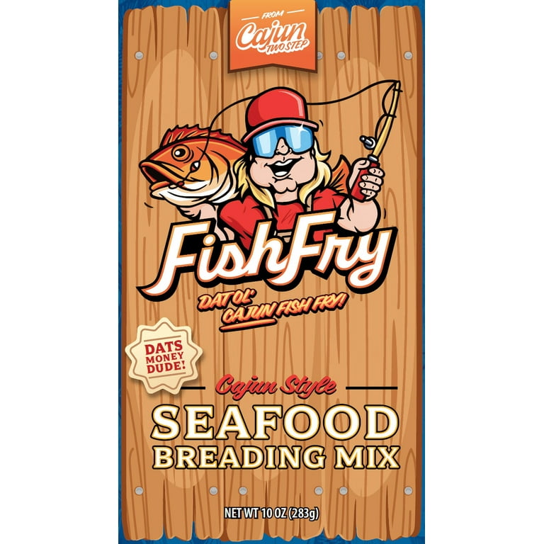 Cajun style seafood breading mix packaging with cartoon fisherman and fish illustration.