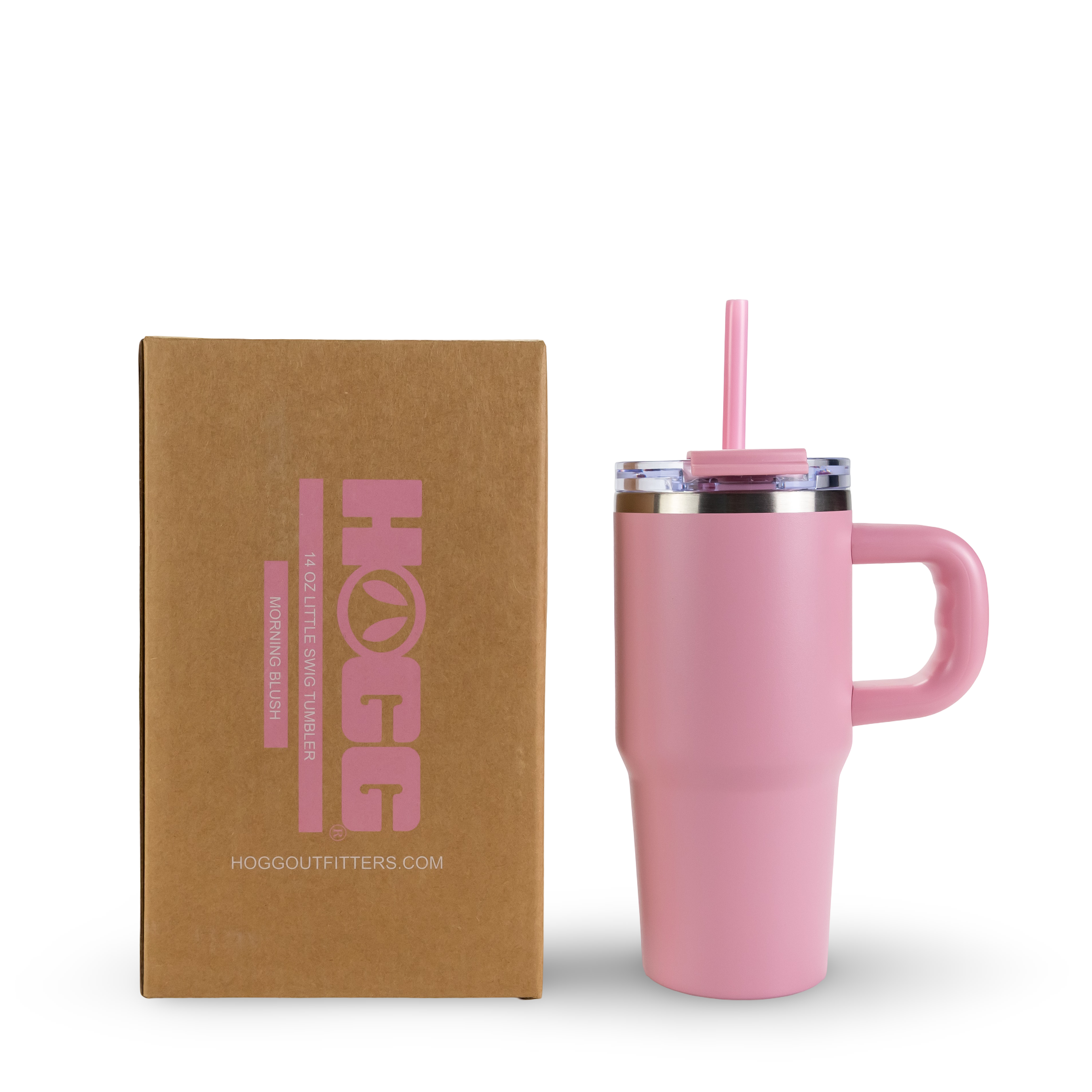 Pink insulated tumbler with handle, lid and straw beside branded packaging box