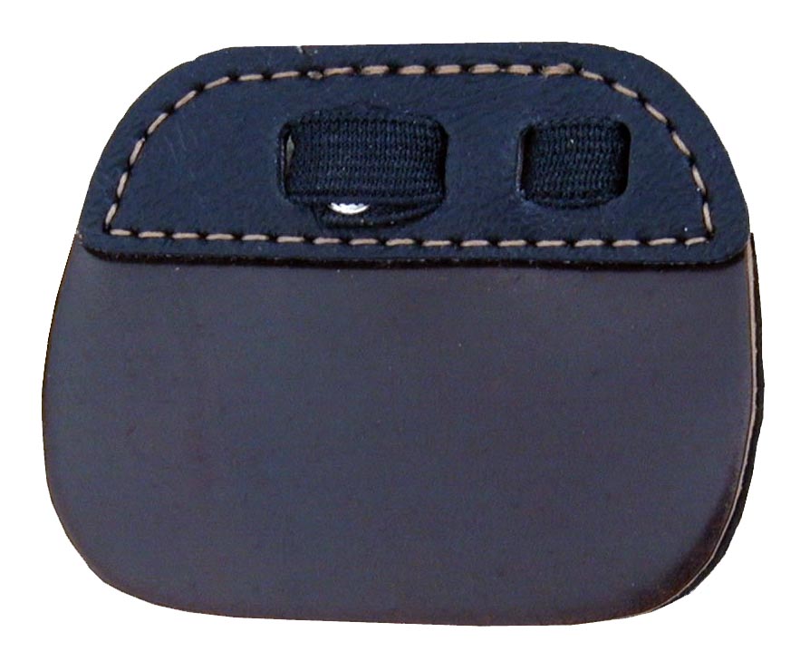 Black leather archery finger tab with stitched edges and finger slots