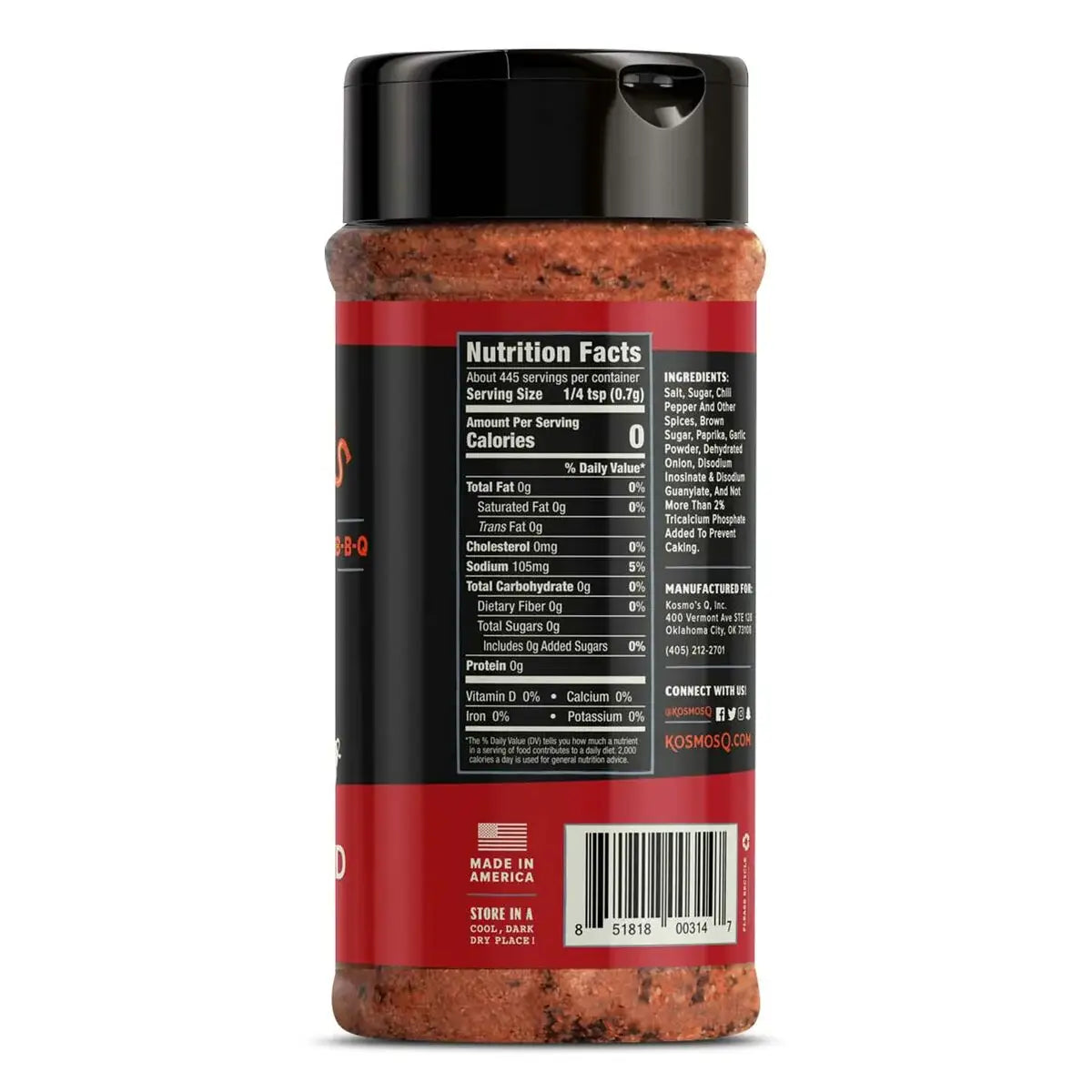 Seasoning bottle with nutrition facts, ingredient list, and barcode on label