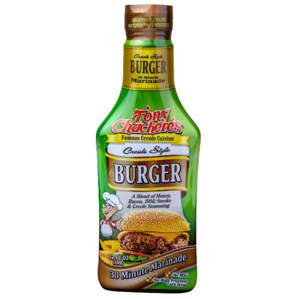 Tony Chachere's Creole Style Burger marinade bottle with seasoning blend label