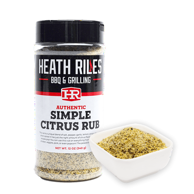 Heath Riles Simple Citrus Rub seasoning jar and bowl, BBQ grilling spice blend