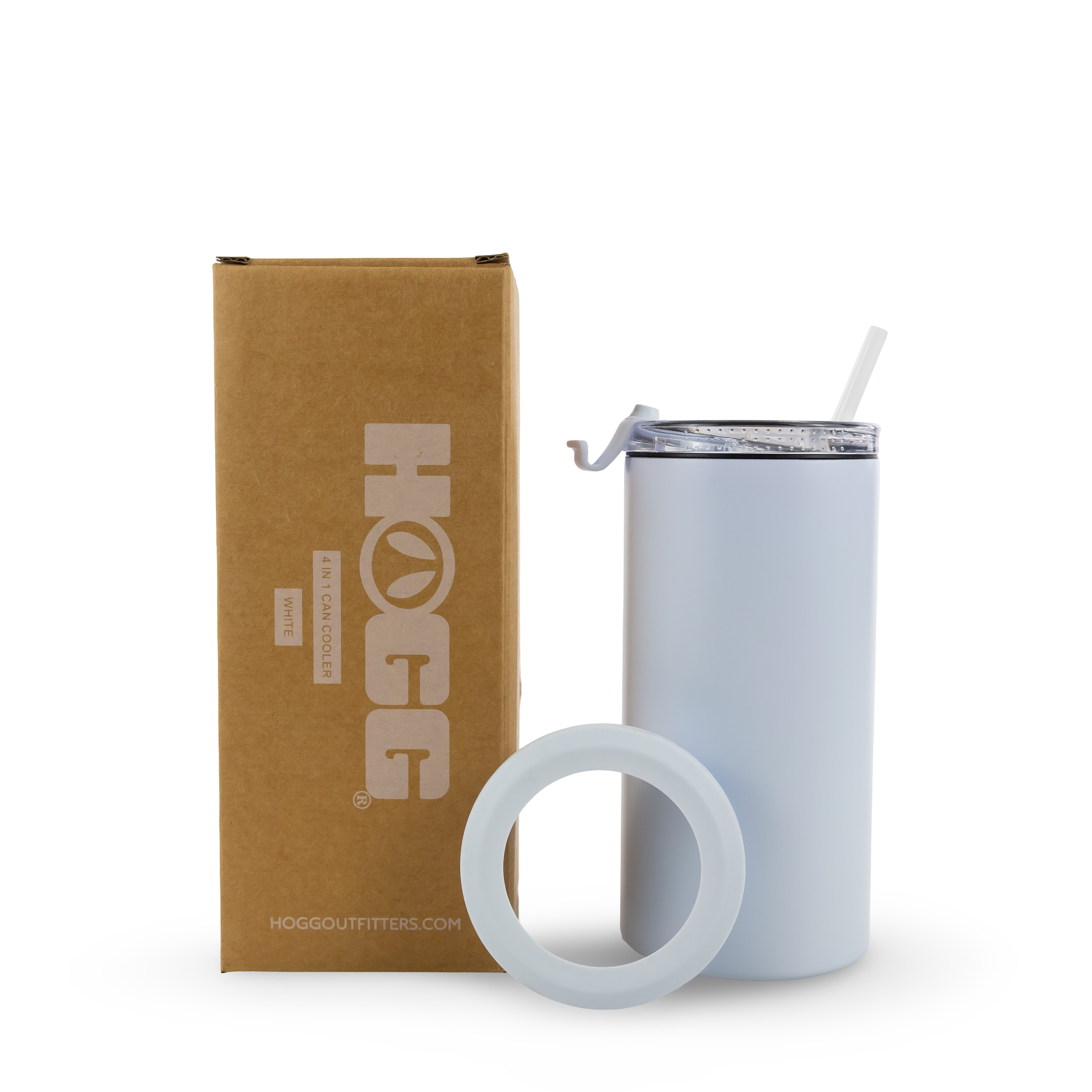 White 4-in-1 can cooler tumbler with lid, straw, silicone ring, and packaging box