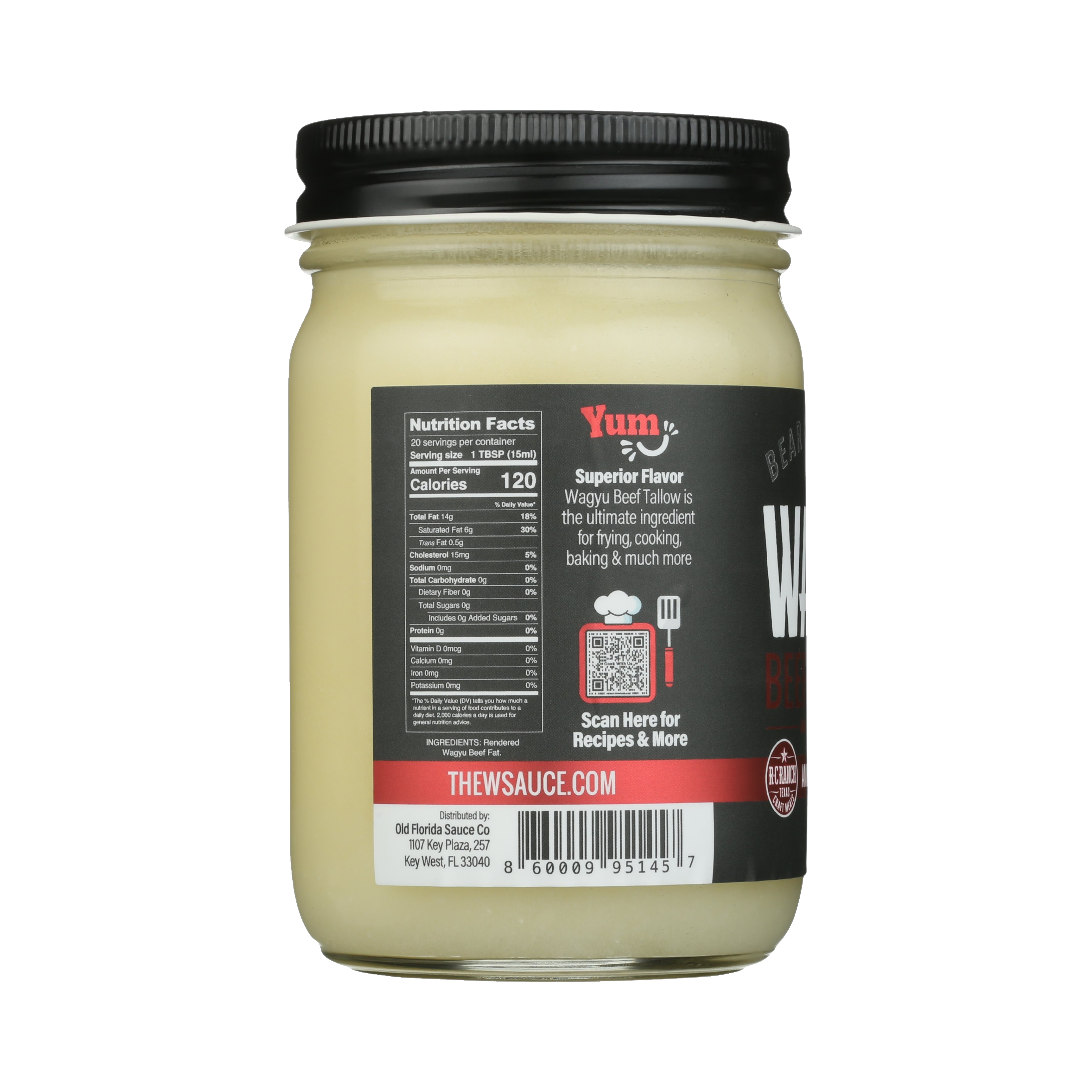 Jar of rendered Wagyu beef tallow with nutrition facts and cooking use suggestions on label