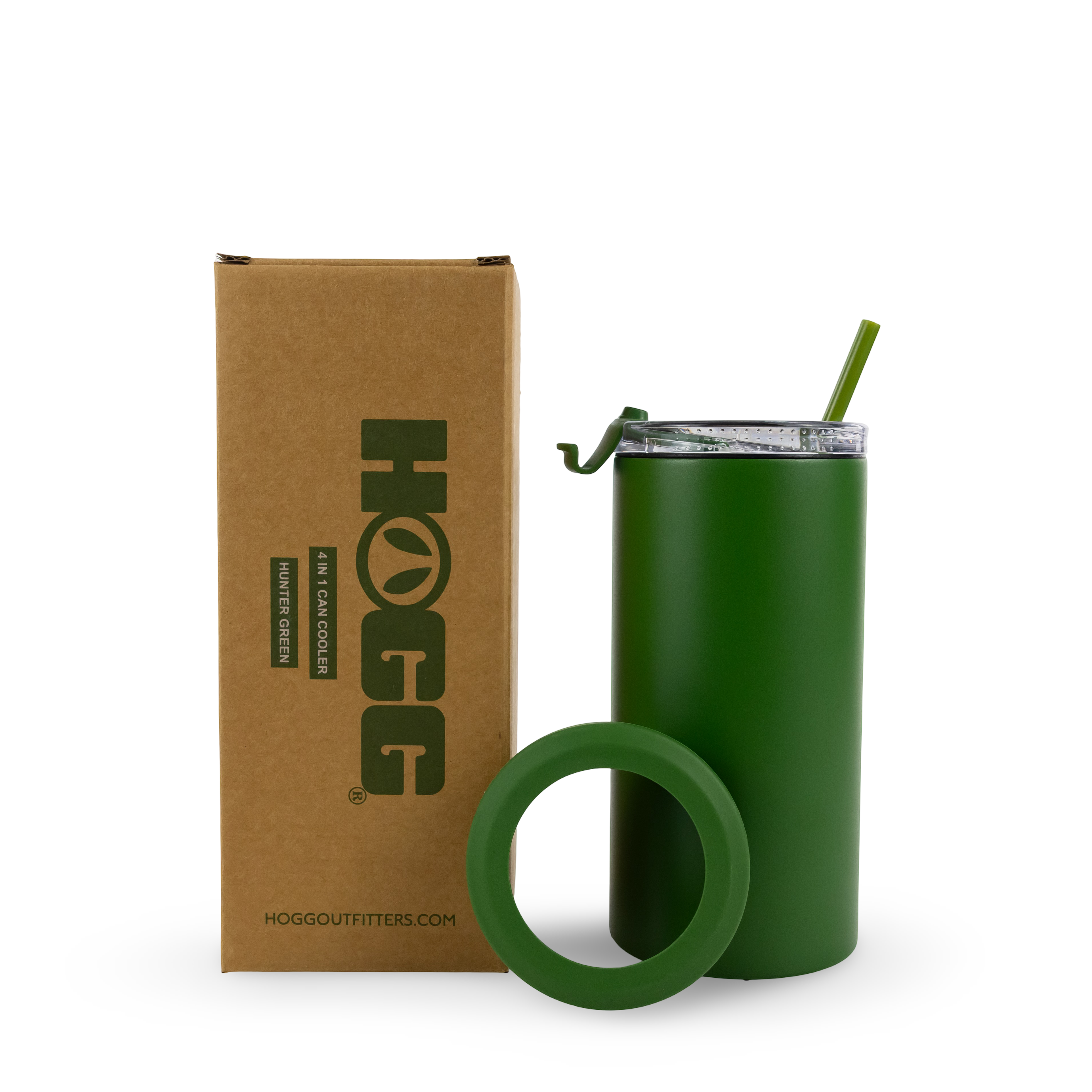 Hunter green 4-in-1 can cooler tumbler with straw, lid, and box for camping or outdoor use