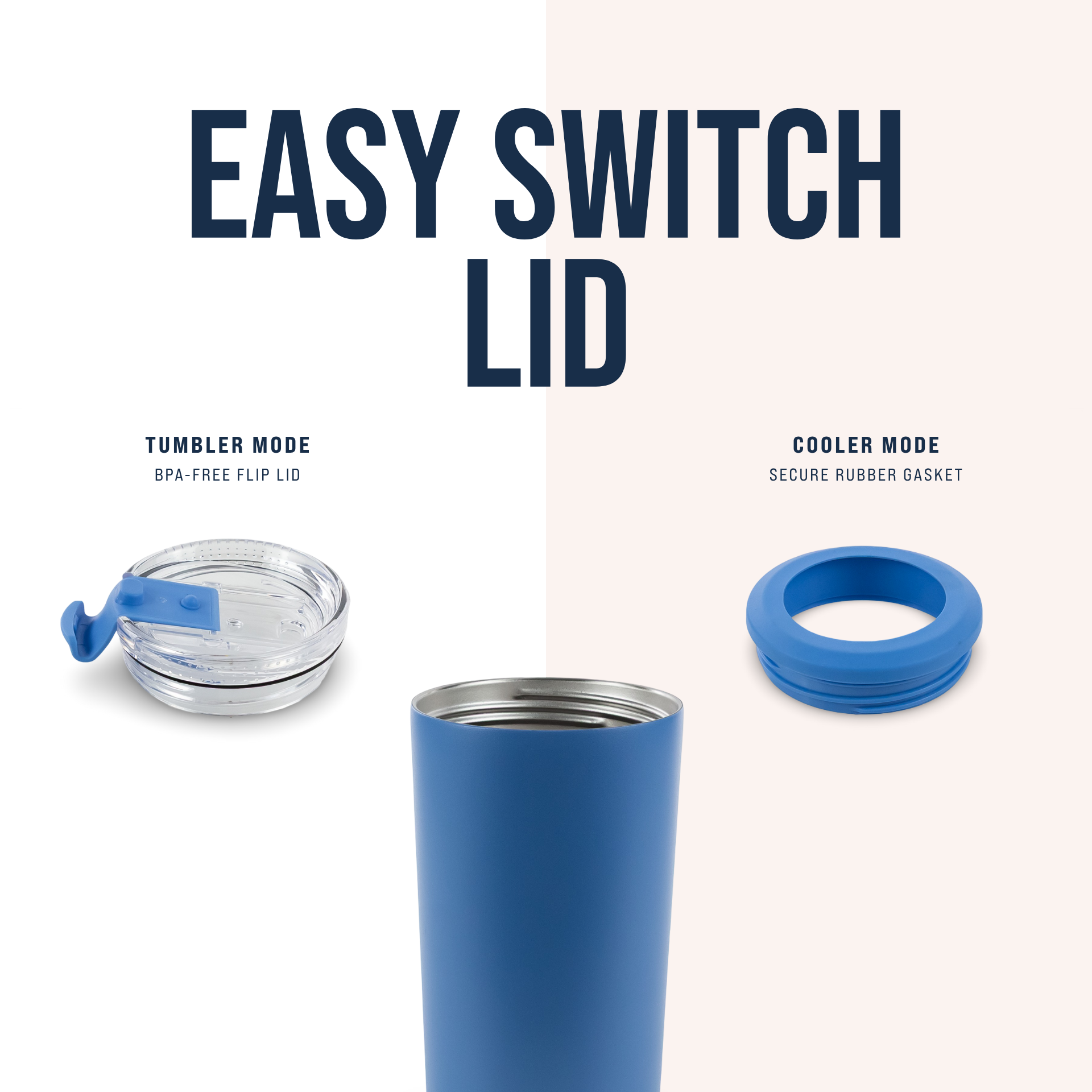 Blue insulated tumbler with easy switch lid, BPA-free flip lid, and secure rubber gasket.
