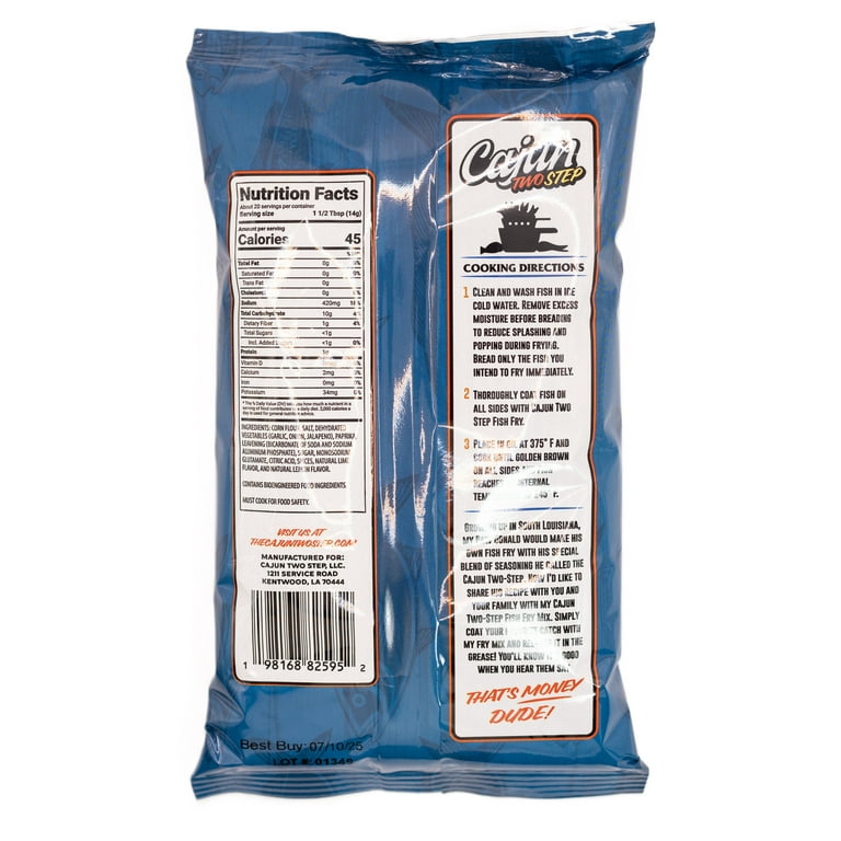 Back of Cajun Two Step fish fry coating bag showing nutrition facts and cooking directions