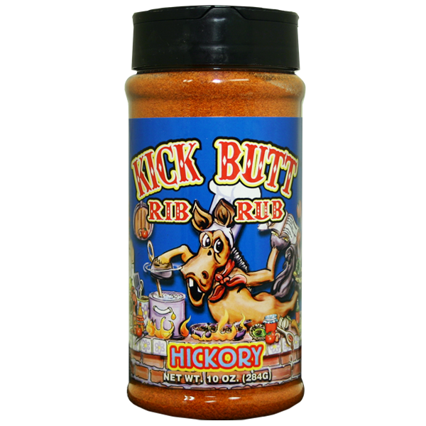 Kick Butt Rib Rub Hickory seasoning bottle with cartoon horse chef label, 10 oz.