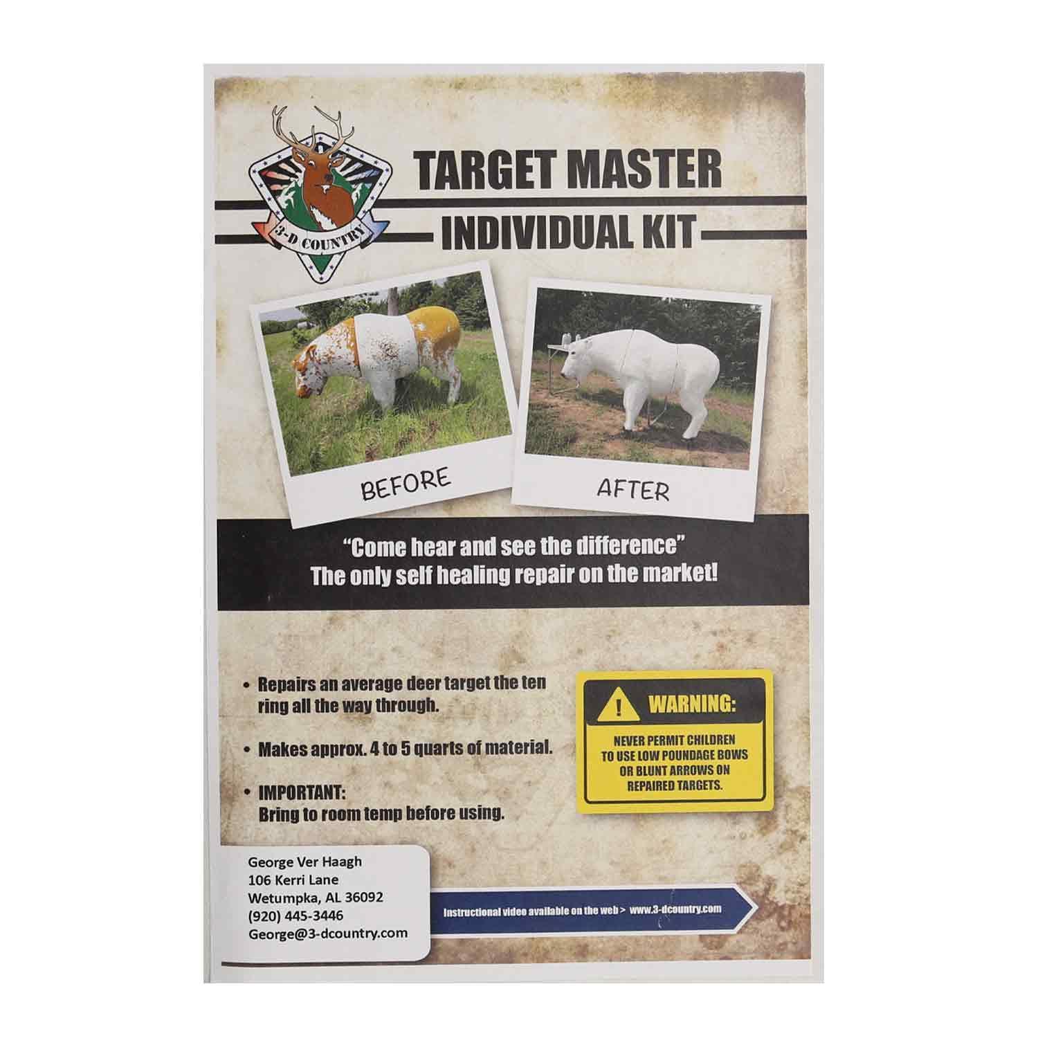 Archery 3D target repair kit package showing before and after images of animal target restoration.