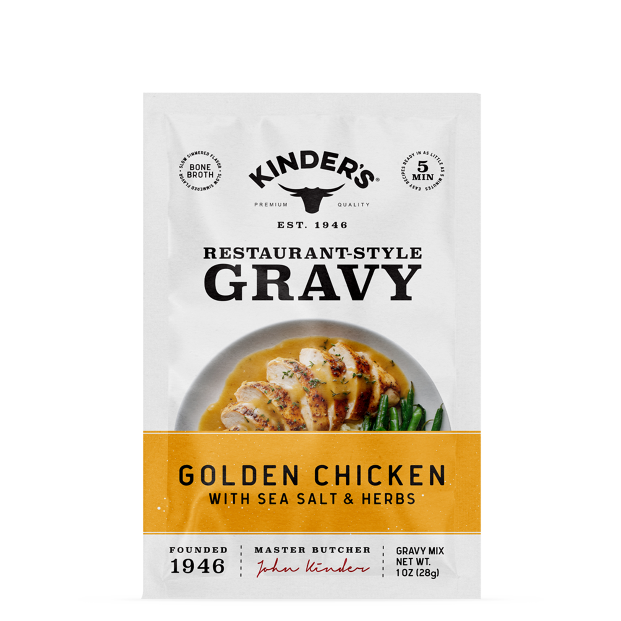 Golden chicken gravy mix packet with sea salt and herbs, restaurant-style packaging.